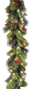 2.7m Christmas garland with pine cones, red berries and warm LED lights for home decor