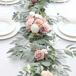 Morandi artificial rose and eucalyptus table runner for wedding and garden decor