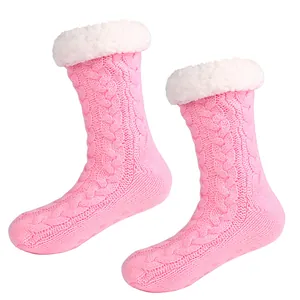 Chaussettes de Noël en maille torsadée rose avec doublure polaire et antidérapant