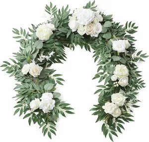 Artificial Rose Eucalyptus Garland Silk Flower Vine Table Runner Greenery For Wedding Arch Home Party Garden Decoration Romantic Floral Hanging Plant