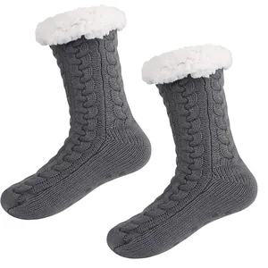 Chaussettes de sol chaudes en tricot gris avec doublure polaire et picots antidérapants