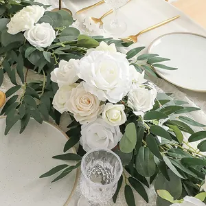 Artificial white rose garland with eucalyptus leaves for wedding arch and table decor