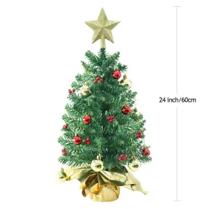 Mini Tabletop Christmas Tree With LED String Lights Gold Star Topper Red Berries Artificial Pine Tree Holiday Home Office Decor