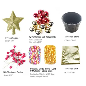 24 inch mini artificial Christmas tree set with LED lights and gold star topper decoration
