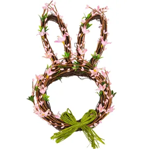 Couronne de Pâques Fleurs Artificielles Feuilles Forme de Lapin Base en Rotin Guirlande Avec Oeufs Colorés Nœud pour Porte d'Entrée Mur Décoration Maison Cadeau Festival