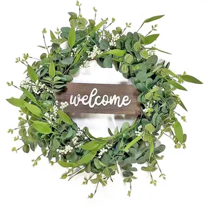 Artificial Eucalyptus Wreath With Welcome Wood Sign White Berries Green Leaves Front Door Hanging Farmhouse Wall Decor