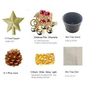 Detailed components of 24-inch DIY mini Christmas tree kit with LED lights and ornaments