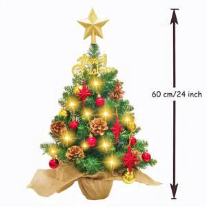 24 inch mini artificial Christmas tree with gold star pinecones and rustic burlap base