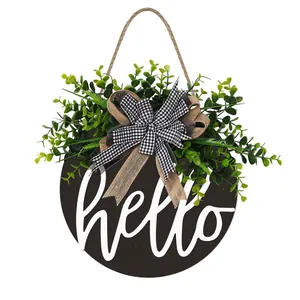 Ξύλινη Επιγραφή Πόρτας Welcome Hello 3D Γράμματα Με Τεχνητό Ευκάλυπτο Καρό Φιόγκος Διακόσμηση Σπιτιού