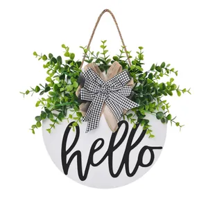 Ανοιξιάτικο ξύλινο διακοσμητικό πόρτας 3D Hello με ευκάλυπτο και λινάτσα φιόγκο