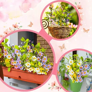 Vistas detalladas de margaritas artificiales y follaje en jardineras y cestos