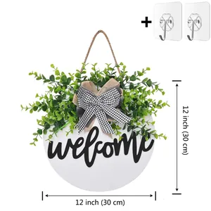 Λεπτομέρεια πινακίδας welcome 12 ιντσών με ευκάλυπτο, φιόγκο και άγκιστρα