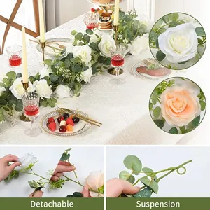 Artificial white and pink rose garland with eucalyptus leaves for wedding decoration