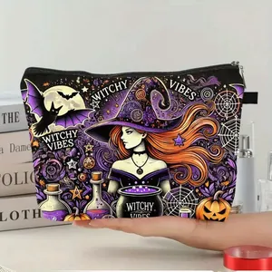 Halloween witch and bat theme makeup bag with zipper and large storage capacity