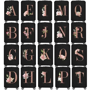 Elastische Polyester Kofferhoes Bloem Alfabet Rose Goud Letter Bedrukt Reis Bagagebeschermer Voor Vrouwen Stofdicht Hoes
