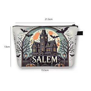 Halloween canvas makeup bag with Salem castle and bat print, size 21.5x13x15.5cm