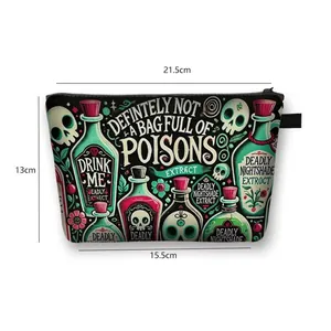 Gothic Totenkopf Kosmetiktasche zu Halloween mit Aufdruck und Größenangaben in schwarz