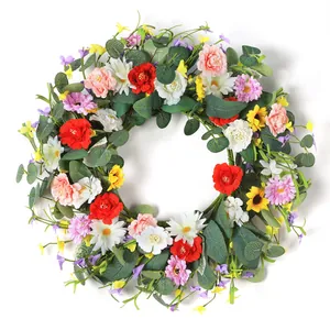 Artificial Wildflower Wreath With Satin Daisy Sunflower Eucalyptus Leaves For Front Door Wedding Wall Hanging Home Decor