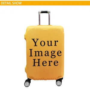 Detail of yellow elastic suitcase cover featuring custom print area and durable fabric