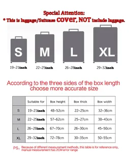 Detailed size guide table for luggage protective covers from S to XL dimensions
