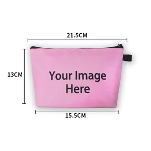 Pink dog-themed cosmetic pouch in polyester with custom logo and size dimensions
