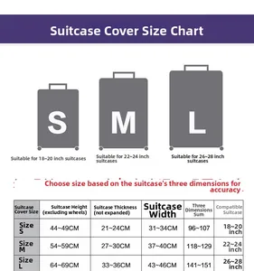 Detailed size chart for geometric luggage covers fitting suitcases from 18 to 28 inches