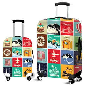 Elastic luggage cover featuring vintage world landmarks and travel patterns on white background