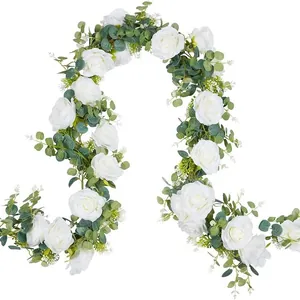 Artificial Rose Eucalyptus Garland Hanging Flower Vine For Wedding Backdrop Arch Home Party Garden Decoration Satin Flower