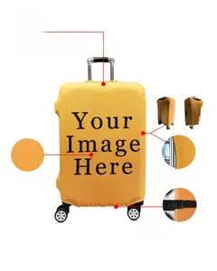 Detailed views of elastic suitcase cover with buckle closure and handle openings