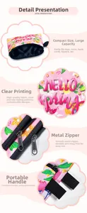 Detailed views of floral plush pouch with metal zipper, handle, and large capacity