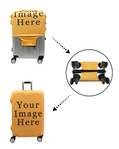Detail of yellow elastic suitcase cover with side zippers and bottom buckle closure