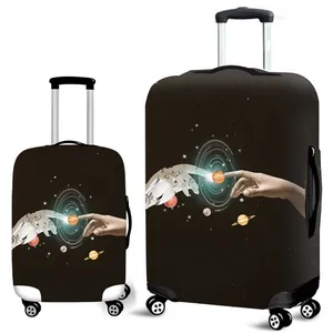 Elastic luggage cover featuring a sci-fi galaxy print shown on two different suitcase sizes