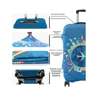 Detail of travel luggage cover showing elastic material, top openings, and bottom buckle closure