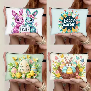 Bolsa de Cosméticos de Feliz Pascua con Estampado de Conejito y Huevo Impermeable Gran Capacidad Organizador de Maquillaje Portátil