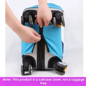 Elastic luggage cover with airplane pattern showing bottom zipper and wheel cutouts