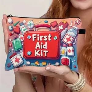 Portable cartoon First Aid Kit bag with medical icons and secure zipper closure