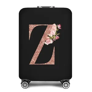 Elastische zwarte kofferhoes met bloemig roségouden letter Z en roze bloemenprint