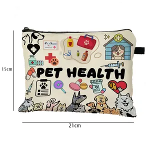 Portable pet health storage bag with medical cartoon prints, size 21x15cm, cream color