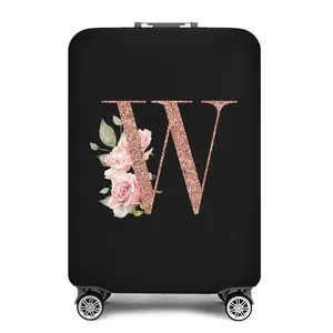 Elastische zwarte kofferhoes met roze roos en roségouden glitterletter W opdruk