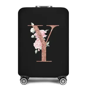 Zwarte kofferhoes met florale letter Y, elastische bagagebeschermer voor op reis