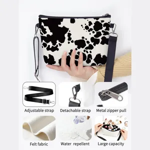 Water-repellent cow print felt shoulder bag with adjustable strap and large capacity
