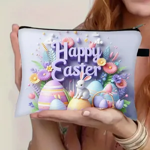 Bolsa de maquillaje grande e impermeable con estampado 3D festivo de Happy Easter y conejo