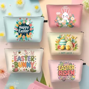 Women's Easter Cosmetic Bag Polyester Toiletry Storage Pouch with Zipper Printed Rabbit Egg Patterns for Travel Everyday Use
