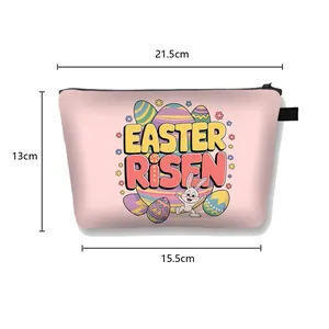 Pink Easter cosmetic bag with bunny print and size markers 21.5cm width x 13cm height