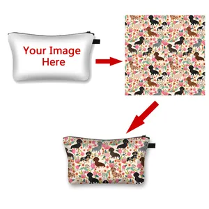 Custom floral sunflower makeup bag showing before and after dachshund print personalization