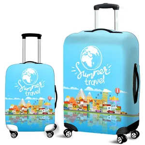 Elastic blue luggage cover with Summer Travel landmarks and city skyline print