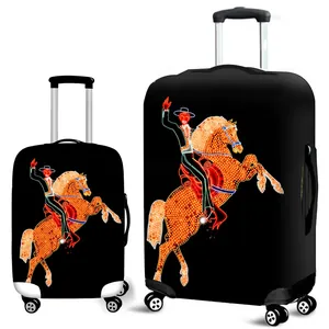 Elastic suitcase cover with vivid Las Vegas neon cowboy print on black background