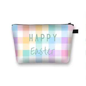 Happy Easter rainbow plaid polyester makeup bag with zipper and portable side strap