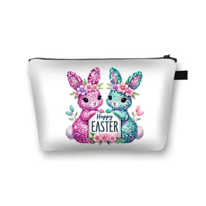 Portable polyester makeup bag for women featuring colorful Easter bunny illustration