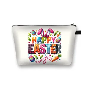 White Happy Easter makeup bag with bunny and egg graphics made of durable polyester